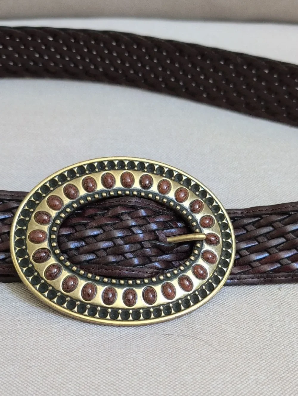 Coldwater Creek Woven Brown Leather Adjustable Belt Decorative Oval Buckle